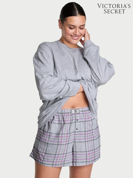 Victoria's Secret Medium Heather Grey Tartan Flannel Long Sleeve Short Pyjamas Set (H29473) | £45
