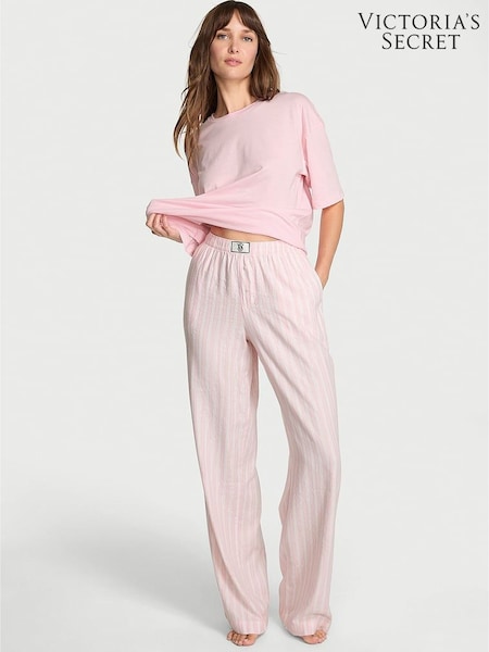 Victoria's Secret White/ Pretty Blossom Pink Stripe Flannel Short Sleeve Long Pyjama Set (H29476) | £55