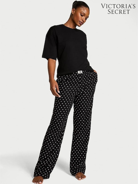 Victoria's Secret Black Asprin Dot Flannel Short Sleeve Long Pyjama Set (H29478) | £55