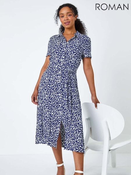 Roman Blue Petite Ditsy Floral Print Shirt Dress (H29616) | £50