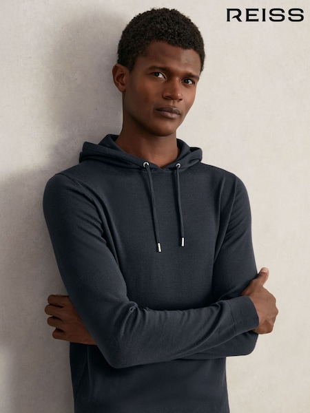 Reiss Midnight Navy Holland Merino Wool Drawstring Hoodie (H29662) | £98