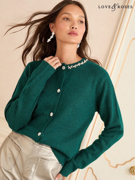 Love & Roses Forest Green Encrusted Crew Neck Cardigan With Wool (H29665) | £44