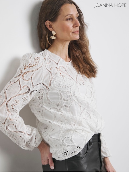 Joanna Hope Premium Broderie Tie Sleeve White Blouse (H29804) | £75