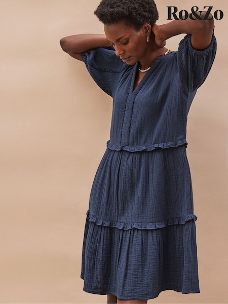 Ro&Zo Blue Short Sleeve Cheesecloth 100% Cotton Mini Dress (H29837) | £79