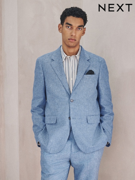Blue Tailored Fit Linen Blend Texture Suit Jacket (H29891) | £99