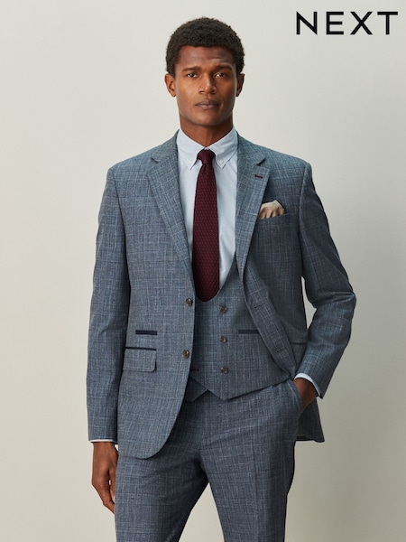 Navy Blue Regular Fit Trimmed Check Suit Jacket (H29913) | £104