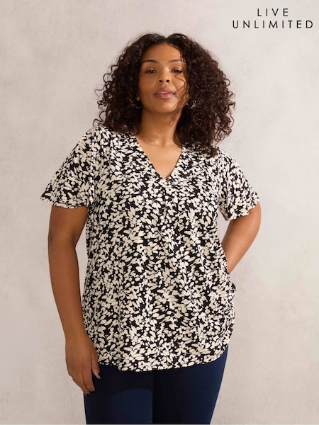 Live Unlimited Black Mono Print Pleat Front Nehru Collar Top (H29945) | £55