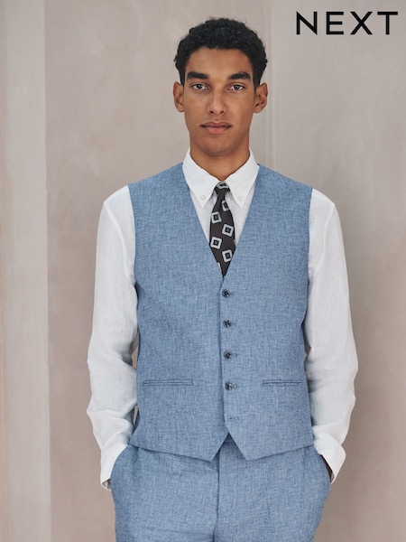 Blue Linen Blend Texture Suit Waistcoat (H29962) | £45
