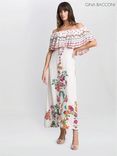 Gina Bacconi Rose Off The Shoulder 100% Cotton White Frill Dress (H29979) | £280