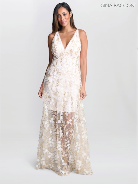 Gina Bacconi Cream Zafira Floral Print Appliqué Dress (H29991) | £330