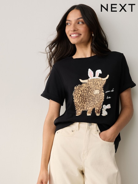 Black Novelty Easter Bunny Hamish Graphic Short Sleeve Crew Neck 100% Cotton T-Shirt (H30036) | £14