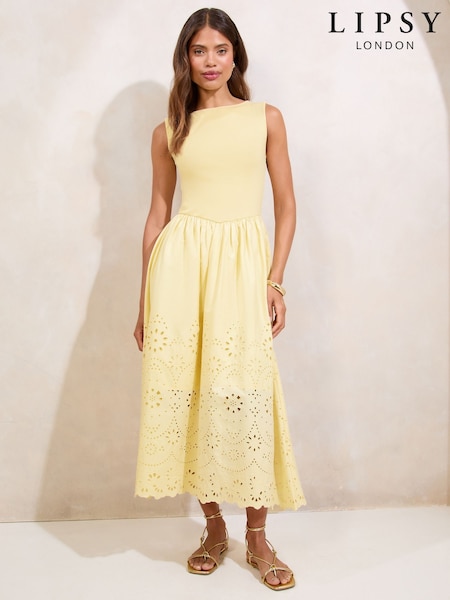 Lipsy Yellow Hybrid Jersey Borderie Mix Midi Dress (H30065) | £55