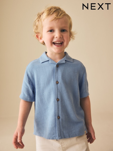 Blue Short Sleeves Linen Blend Revere Collar Shirt (3mths-7yrs) (H30092) | £11 - £13