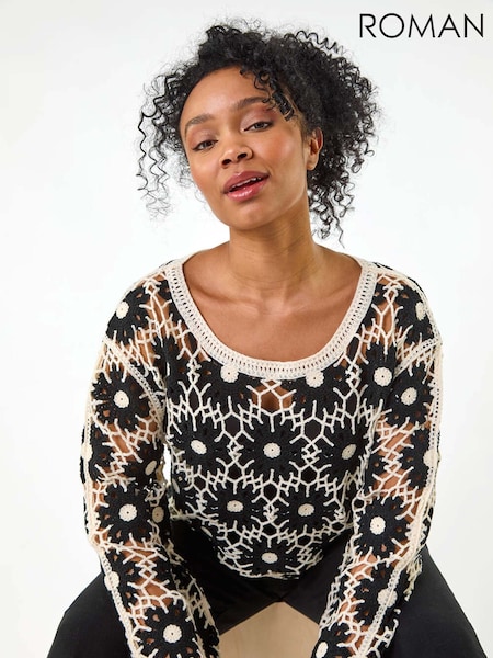 Roman Black Petite Petite Crochet Floral Knit Top (H30172) | £42