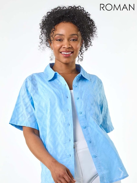 Roman Blue Petite Jacquard One Pocket 100% Cotton Shirt (H30176) | £32