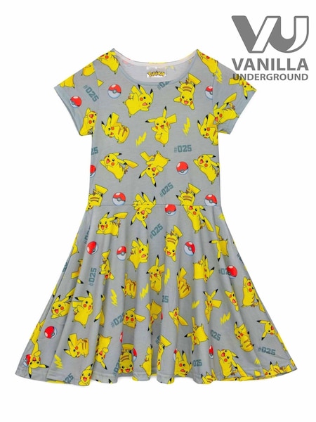 Vanilla Underground Grey Girls Pokemon Short Sleeve Skater Dress (H30201) | £17