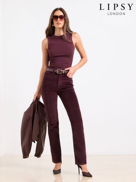 Lipsy Burgundy Red Velvet Petite High Waist Straight Leg Jeans (H30354) | £52