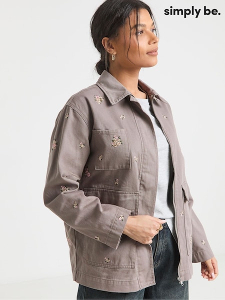 Simply Be Purple Floral Embroidered Utility Shacket (H30367) | £50
