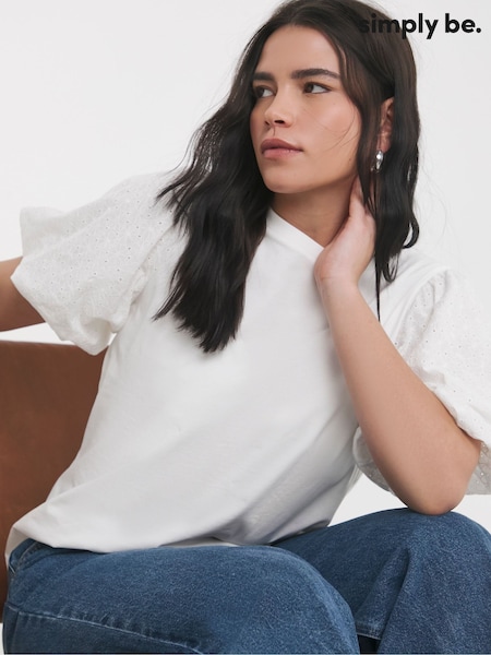 Simply Be White Broderie Puff Sleeve 100% Cotton T-Shirt (H30370) | £25