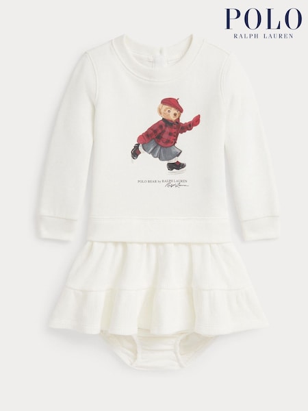Polo Ralph Lauren Cream Girls Skate Bear Knit Pleat Dress (H30519) | £125