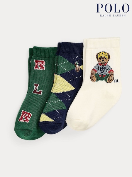 Polo Ralph Lauren Green Baby Bear Graphic Print Crew Socks 3 Pack (H30547) | £12