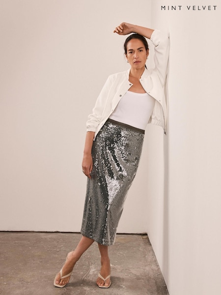 Mint Velvet Green Sequin Midi Skirt (H30596) | £120