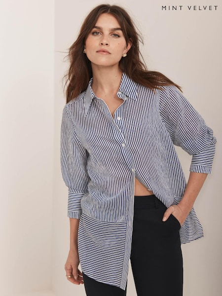 Mint Velvet Blue Striped Longline Shirt (H30604) | £79