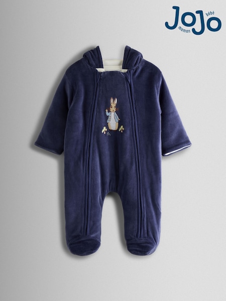 JoJo Maman Bébé Navy Peter Rabbit Velour Appliqué Pramsuit (H30750) | £38.50