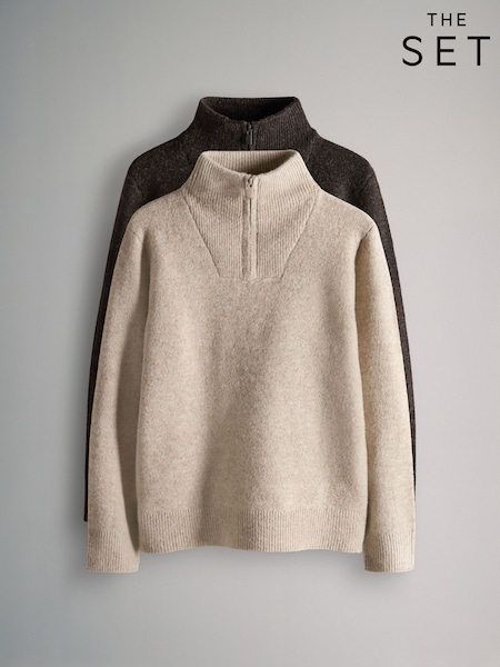 The Set Grey/Brown 2 Pack Zip Neck Knitted Jumpers (H30842) | £25 - £29
