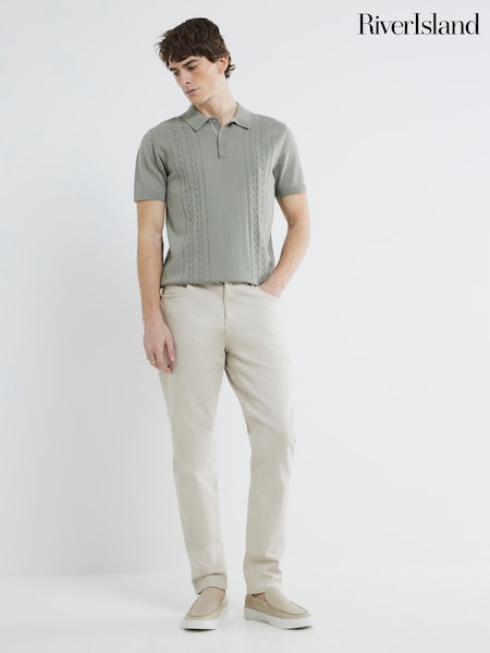 River Island Green Slim Fit Cable Knit 100% Cotton Polo Shirt (H30885) | £30