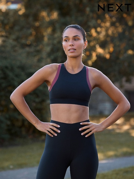 Black/Tan Colour Block High Neck High Impact Sports Bra (H34195) | £30
