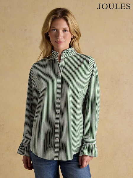 Joules Mae Green/White Frill Neck Shirt (H34985) | £59