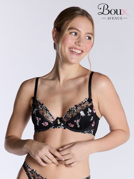 Boux Avenue Clea Floral Print Embroidered Plunge Black Bra (H35171) | £45
