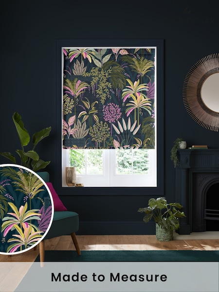 Sara Miller Midnight Blue Faux Silk Palm Garden Made to Measure Roman Blind (H35345) | £89