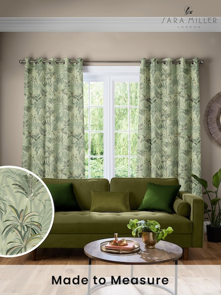 Sara Miller Soft Olive Green Palm Garden Made to Measure Curtains (H35611) | £91