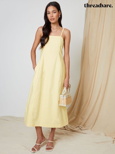 Threadbare Yellow Linen Blend Square Neck Midi Summer Dress (H35619) | £40