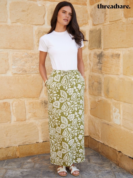 Threadbare Green Leopard Print Lightweight Jersey 100% Cotton Midi Skirt with Pockets (H35640) | £30