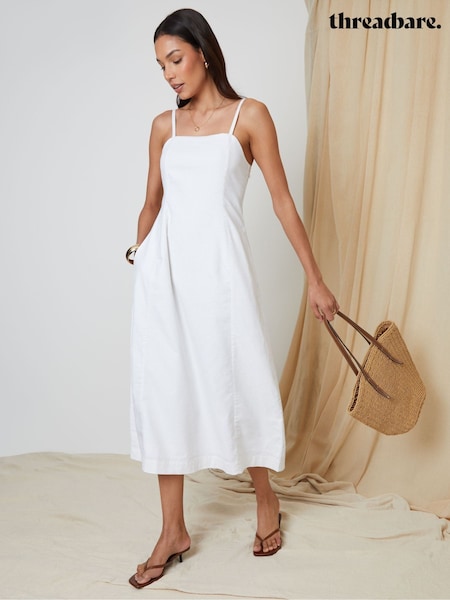 Threadbare White Linen Blend Square Neck Midi Summer Dress (H35643) | £40
