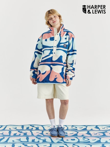 Harper & Lewis Blue Charlie Retro Pattern Popper Neck Sherpa Fleece (H35738) | £75