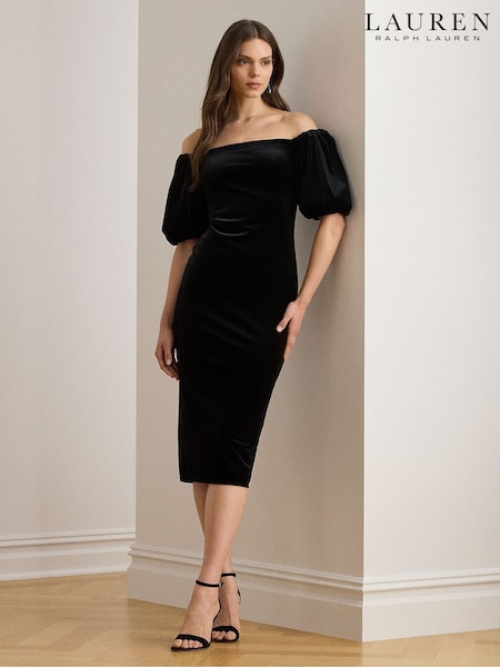 Lauren Ralph Lauren Black Faraine Velvet Off The Shoulder Puff Sleeve Midi Dress (H35857) | £349