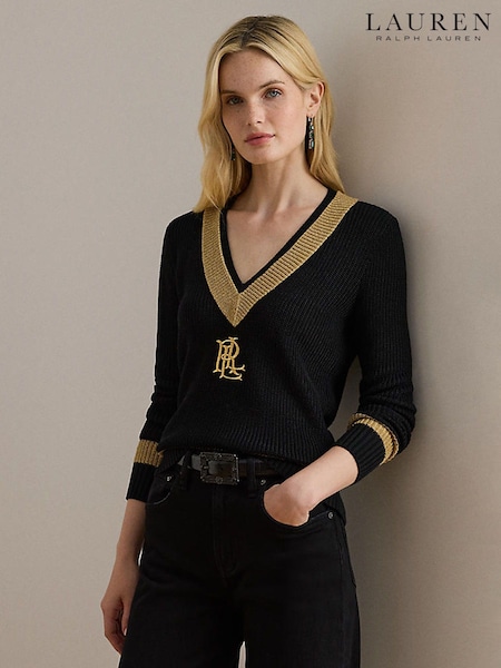 Lauren Ralph Lauren Black Cable Knit V-Neck Jumper (H35954) | £189