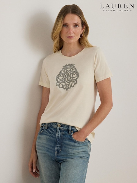 Lauren Ralph Lauren Cream Katlin Embroidered Logo T-Shirt (H35963) | £139