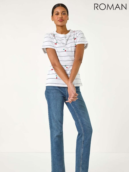 Roman White Embroidered Cherry 100% Cotton T-Shirt (H35979) | £32