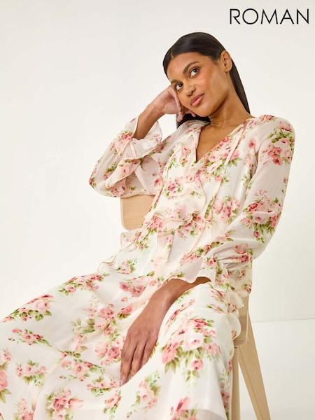Roman Cream Floral Print Frill Midi Dress (H35987) | £68