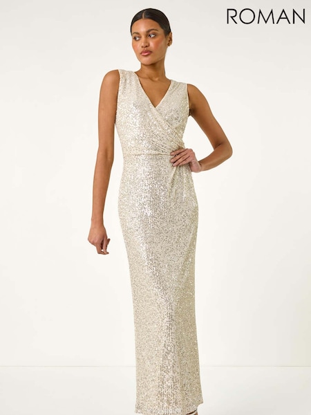 Roman Metallic Sequin Side Twist Wrap Maxi Dress (H35988) | £90