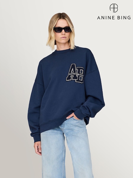 ANINE BING Blue Washed Navy Miles Oversized Sweatshirt Letterman (H36054) | £205