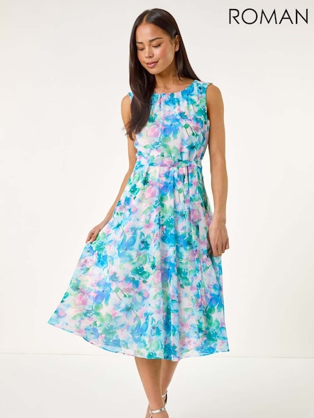 Roman Blue Petite Abstract Pleated Midi Dress (H36172) | £60