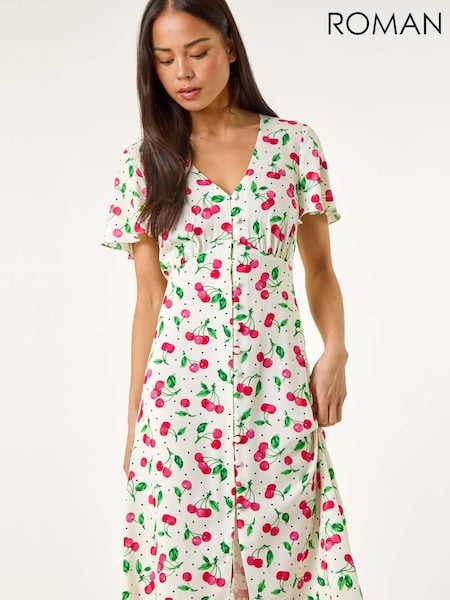 Roman Red Petite Cherry Print Button Midi Dress (H36173) | £48