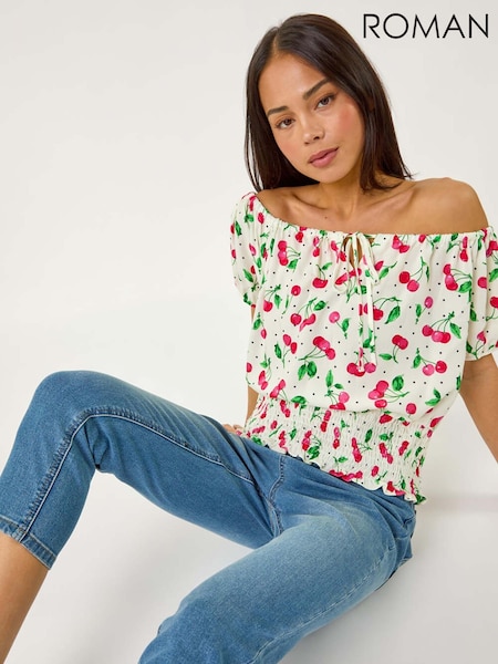Roman Red Petite Print Bardot Blouson Blouse (H36177) | £32