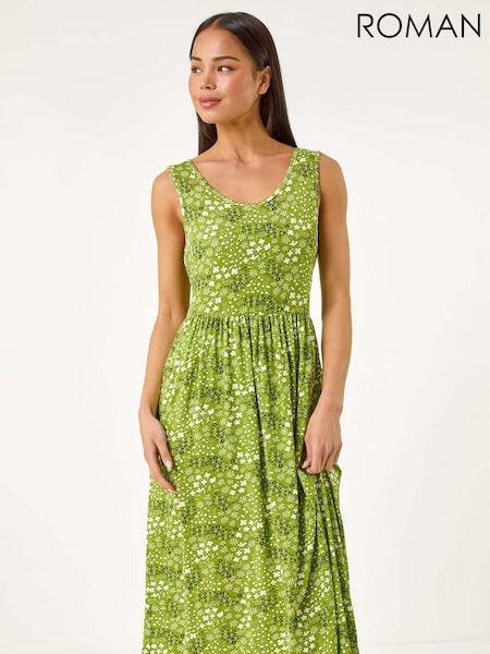 Roman Green Petite Ditsy Floral Print Gathered Dress (H36178) | £42